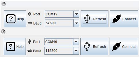 Comparison screenshot showing the J4212 setup at 57600 Baud and the J4220 setup at 115200 Baud in the SDK software.