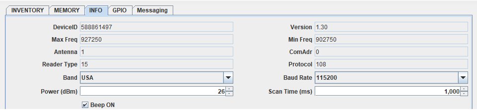 Split screenshot of the J4210u software's 'Info' tab, confirming successful connection by displaying the Device ID and current reader settings for both 57600 Baud (top) and 115200 Baud (bottom).