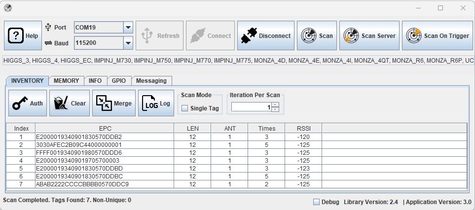 Screen recording of the J4210u software's 'Inventory' tab showing the results of a tag scan with multiple unique EPCs listed. Inventory Tab - Successful Tag Scan Results