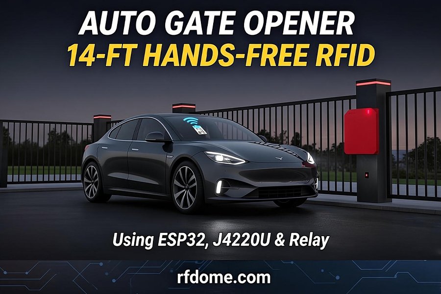 A DIY automatic gate opener project featuring a gray electric car approaching a gate, a red JENCE J4220U UHF RFID reader mounted on a pillar, and an inset photo of the ESP32 prototype circuit.