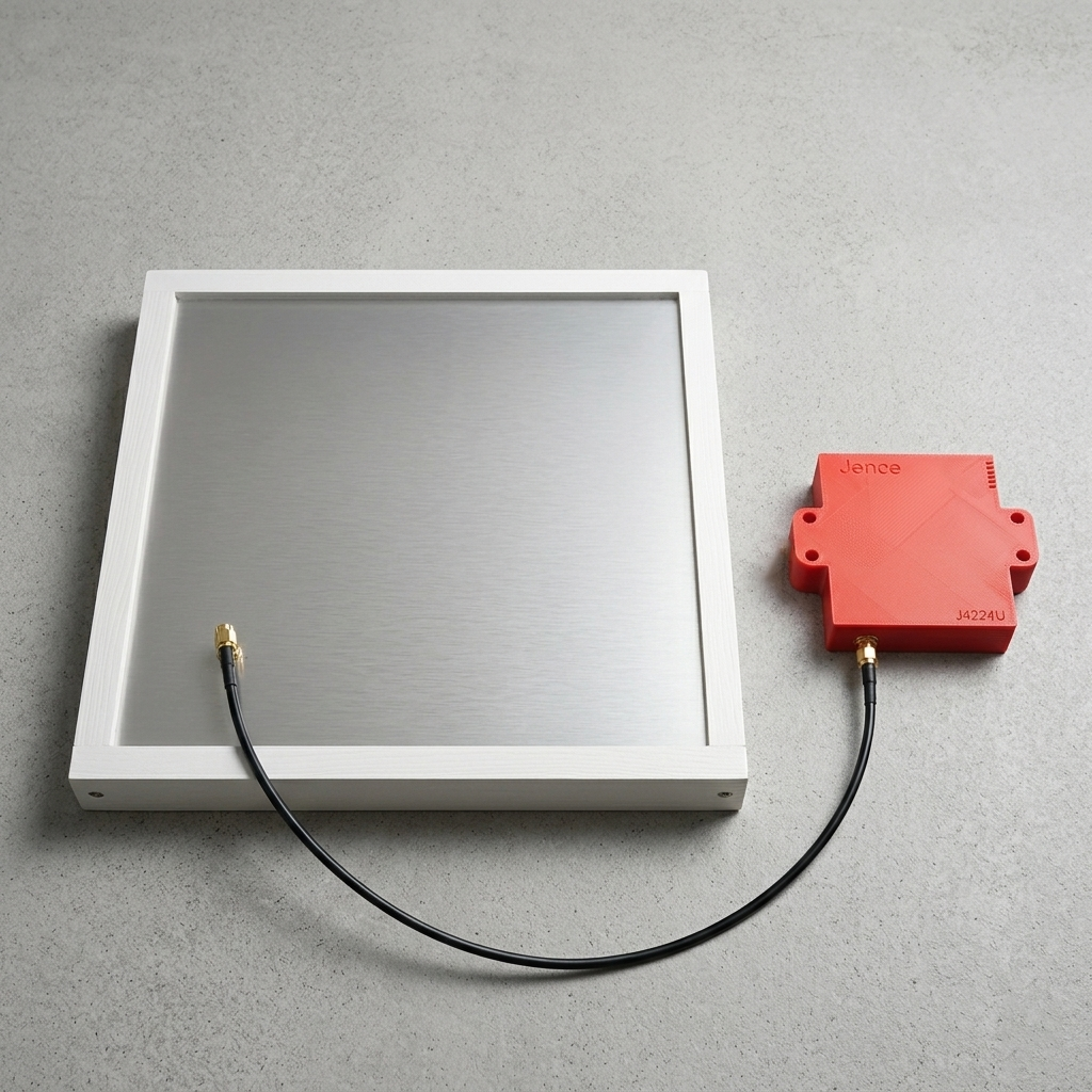 The red Jence J4224U RFID reader module connected to the back of the flat-panel antenna via a black coaxial cable.