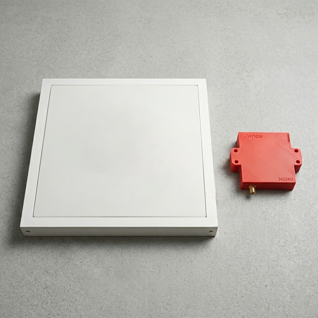 Top-down view of the white flat-panel RFID antenna next to the red Jence J4224U reader module.