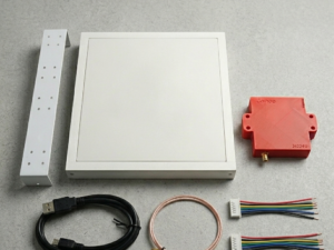 Jence J4224UEX Long Range UHF RFID kit including white flat-panel antenna, red reader module, mounting bracket, USB cable, RF cable, and GPIO wiring harnesses.