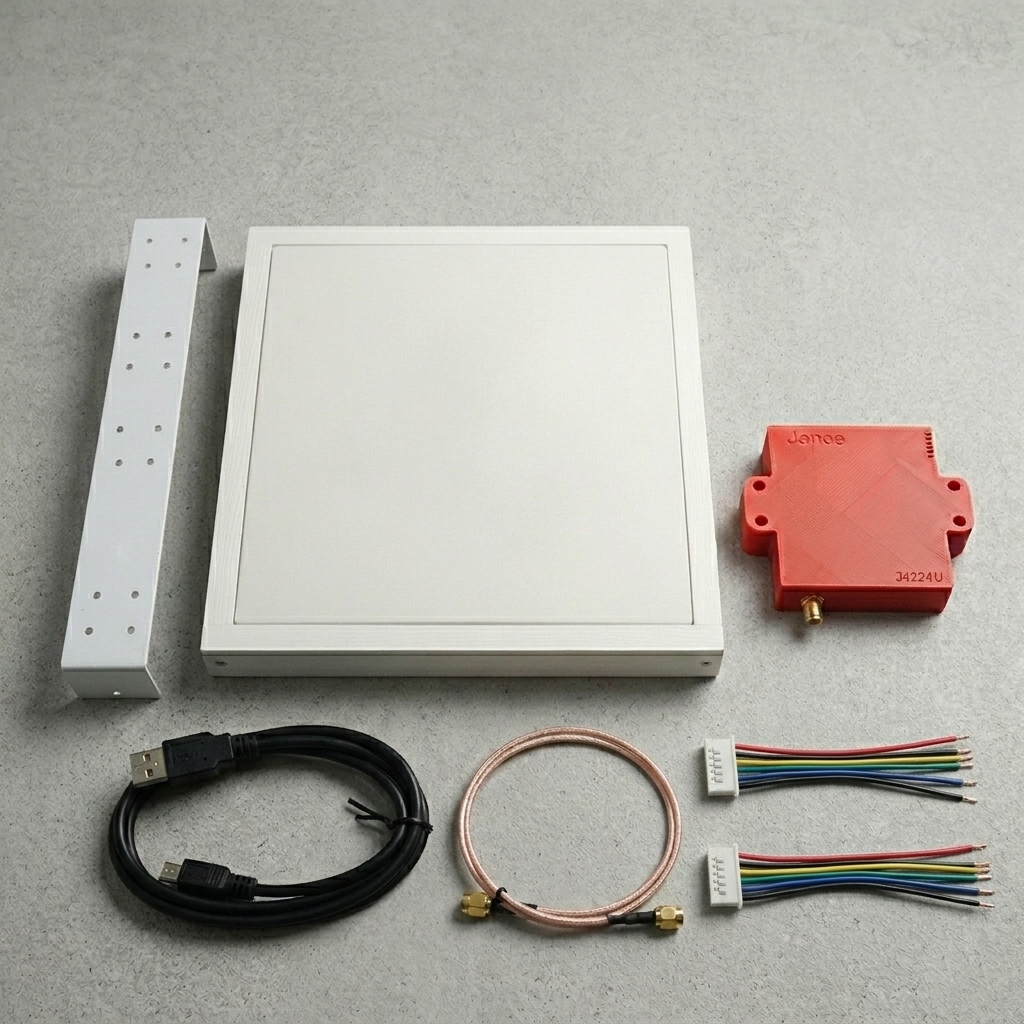 Jence J4224UEX Long Range UHF RFID kit including white flat-panel antenna, red reader module, mounting bracket, USB cable, RF cable, and GPIO wiring harnesses.