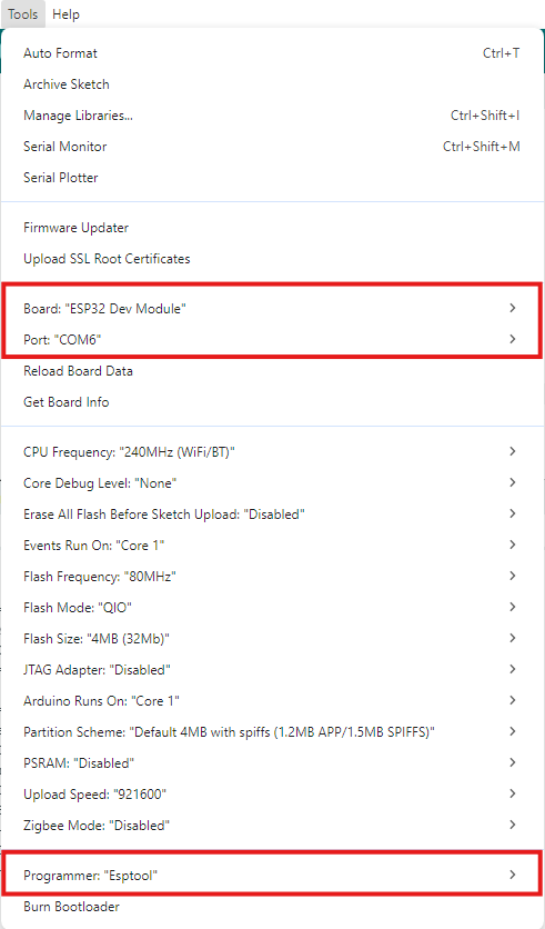 ESP tools settings