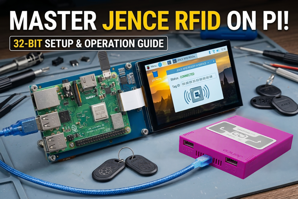 An illustrative YouTube thumbnail with bold text reading "MASTER JENCE RFID ON PI! COMPLETE 32-BIT SETUP & OPERATION GUIDE". The image shows a detailed electronics workbench setup with a Raspberry Pi 3 single-board computer connected via a DSI ribbon cable to a touch screen display showing a command line interface. A red, octagonal JENCE RFID reader is connected to the Pi via a blue USB cable, with JENCE-branded key fobs resting on an antistatic mat. A callout badge reads "COMPLETE HARDWARE & CODE".