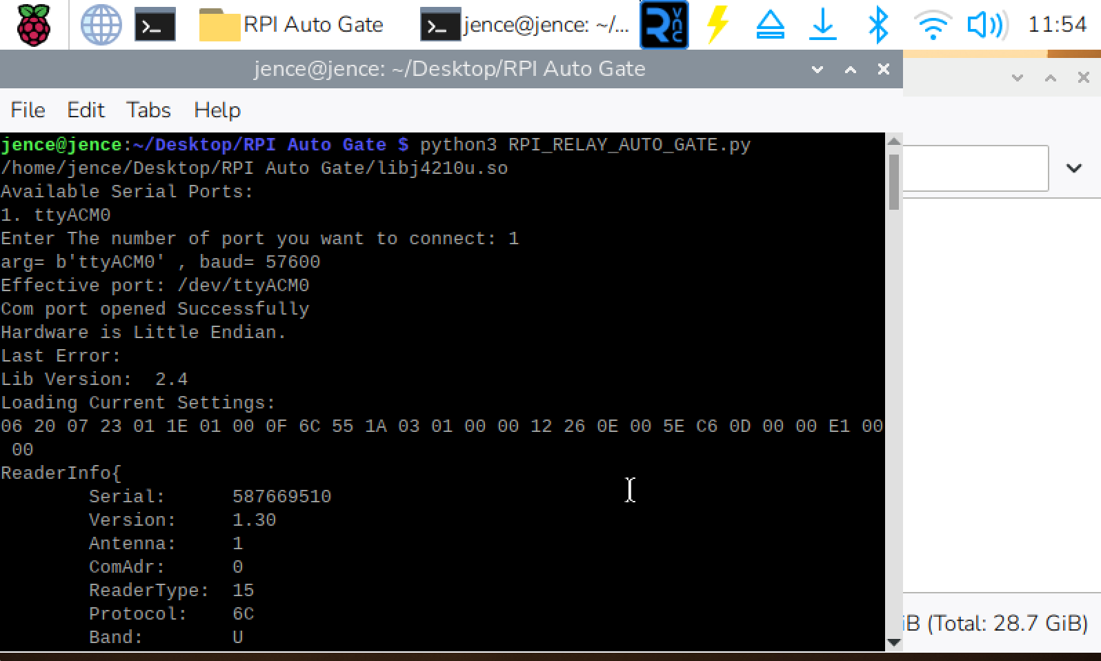 Python Program showing Reader information and start continuous scan.