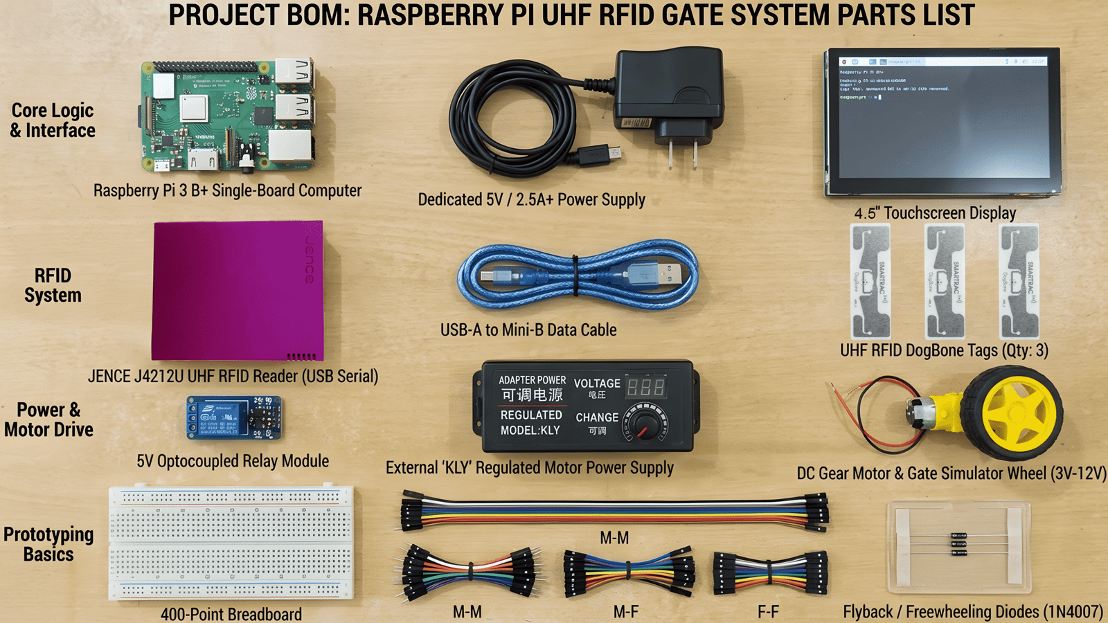 Items/Supplies Needed to complete Raspberry+Jence RFID Reader Automatic gate Project